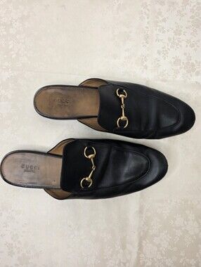 GUCCI Princetown Black Leather Horsebit Mule Loafer Slides Size 41.5